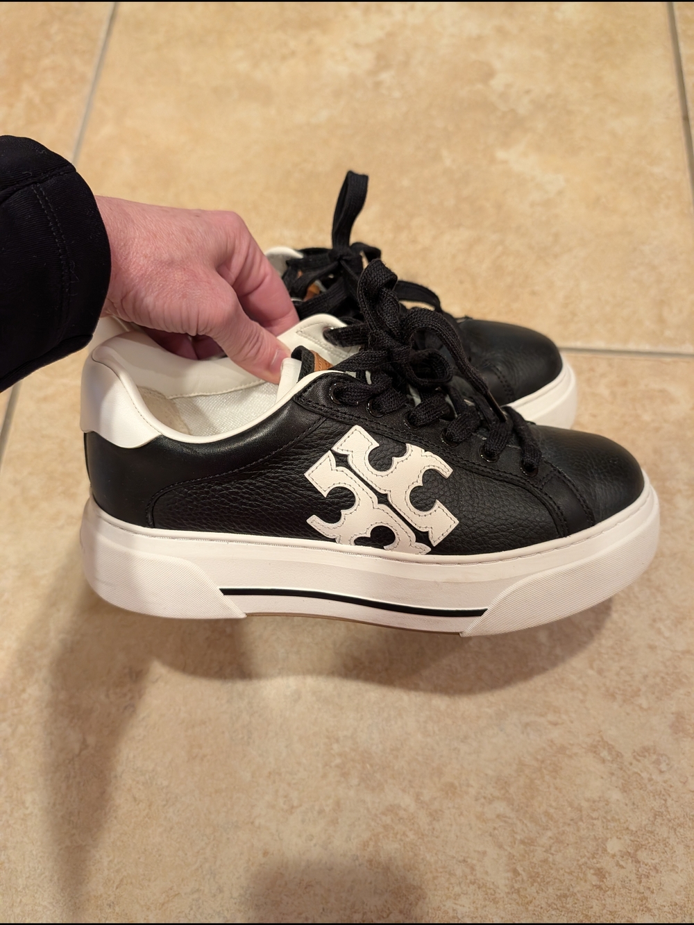 Tory Burch Black Leather Platform Sneakers with White Logo